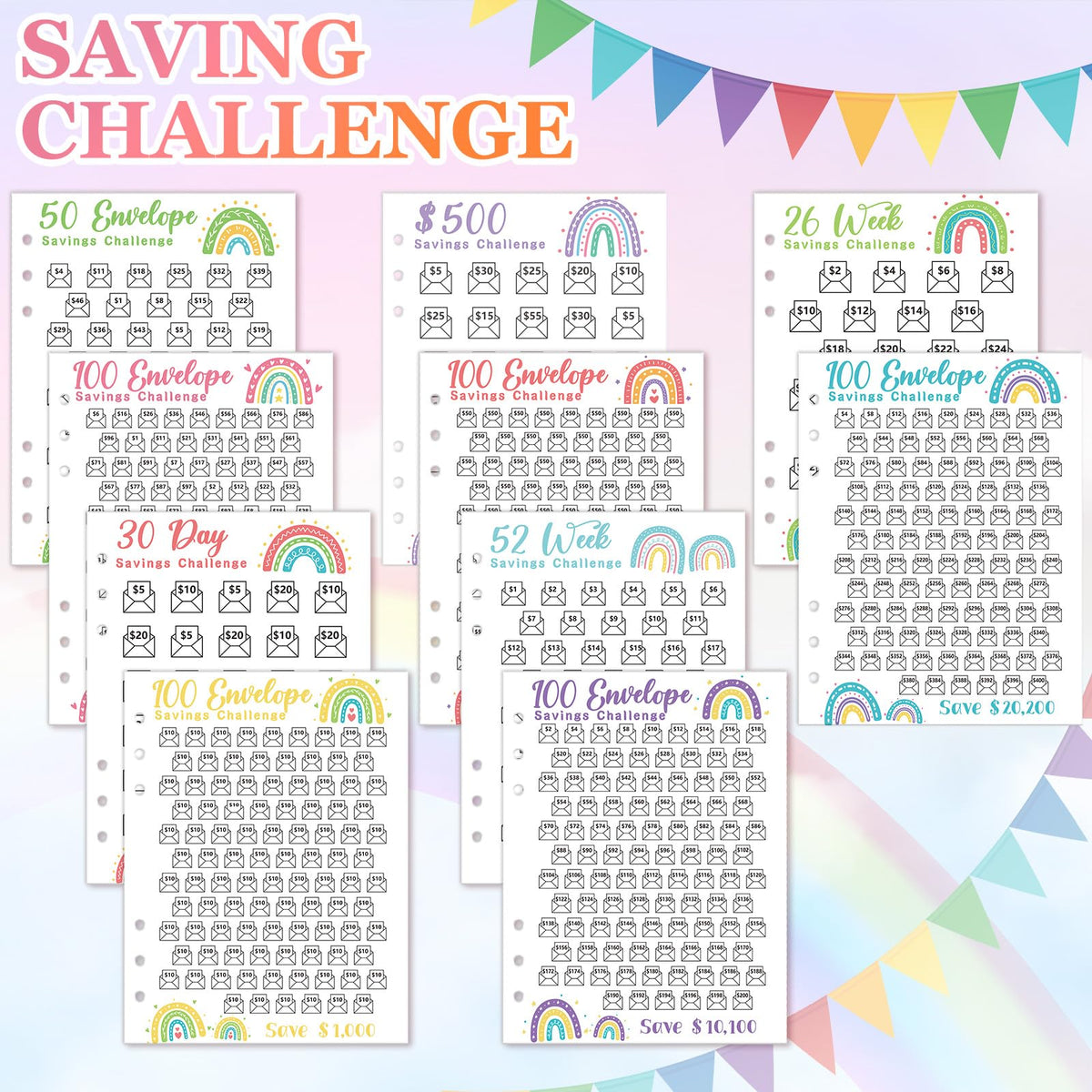 Jetec 20 Sheets Money Saving Challenge Binder Trackers