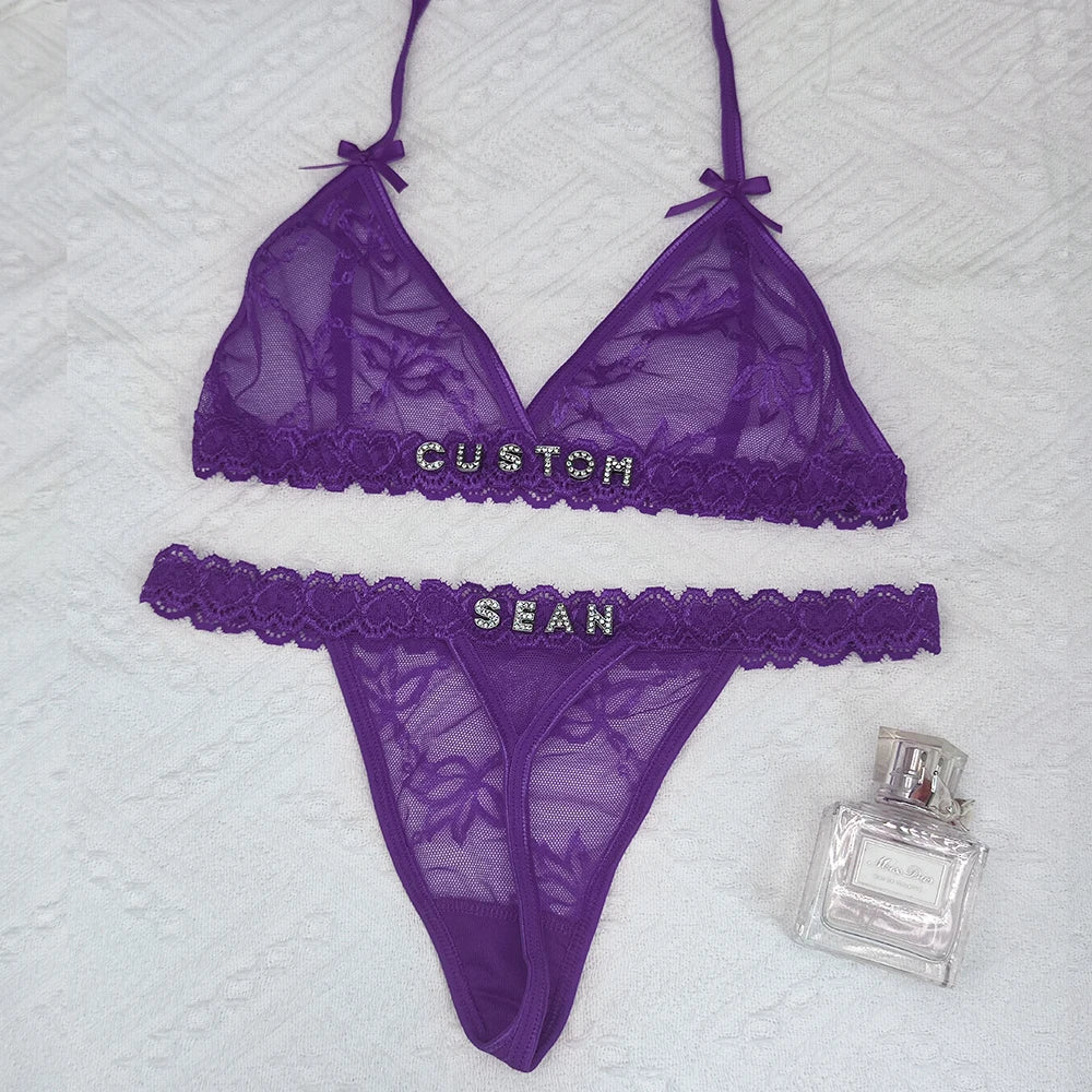 Feisty Custom Name Lingerie Lace Set, Bra & Thong