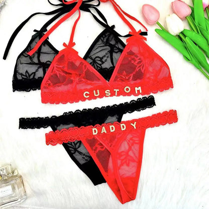 Feisty Custom Name Lingerie Lace Set, Bra & Thong